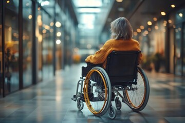 Obraz premium Woman in wheelchair contemplating inside modern building