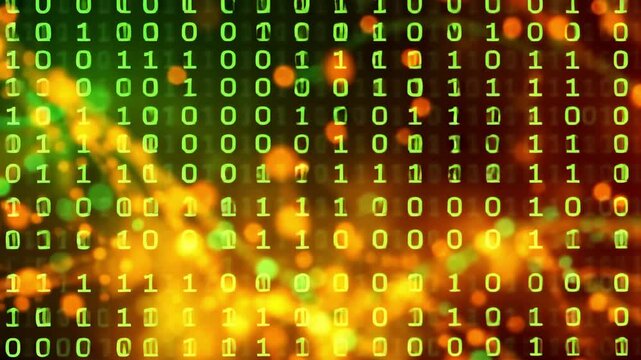 Abstract digital binary code in green against red-orange background, concept of technology, complexity, data
