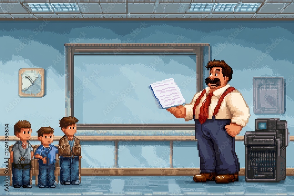 Poster a 8-bit pixel art of a teacher handing out tiny pixelated worksheets to students in a retro classroo