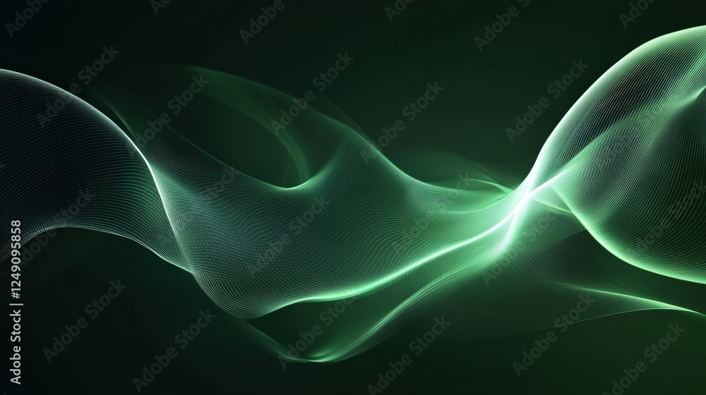 Poster abstract dark green background with flowing light streaks and geometric patterns creating a modern d
