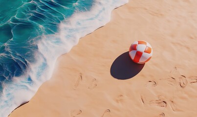 Obraz premium Beach ball on sandy shore, ocean waves; summer vacation