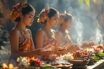 Balinese women praying in traditional costumes during a religious ceremony at a temple in bali © Gatherina