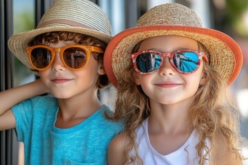 Two stylish children wearing sunglasses and straw hats enjoying summer vacation