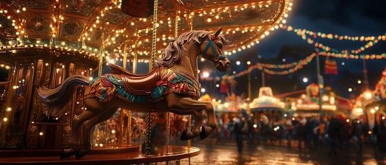 Carousel horse at night market, funfair background