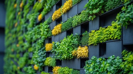 Lush green and yellow plants in a geometric, modular vertical garden wall.