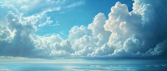 Dramatic cumulus clouds over a calm ocean under a bright blue sky.