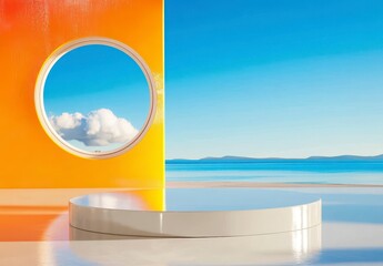 Bright and Vibrant Minimalist Scene with Ocean View and Clouds