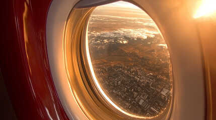 Beautiful sunset view from an airplane window over a vibrant city landscape