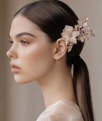 Fototapeta premium Young beautiful stylish woman with ponytail and hair accessory
