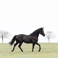Majestic Black Horse Galloping Across Green Meadow with Trees