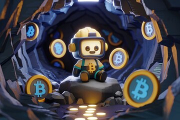 A cute robot miner sits amidst glowing Bitcoin symbols in a dark mine, symbolizing cryptocurrency mining.