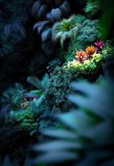 Lush Tropical Jungle Scene with Colorful Plants and Dense Foliage
