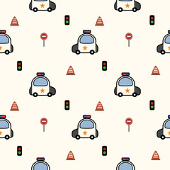 Police car cartoon so cute. On traffic light traffic cone traffic sign background. Pattern seamless vector illustration.  © Therdsak