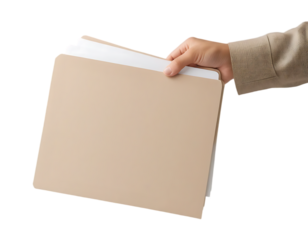  A hand holding a beige file folder with visible white documents  isolated on white and transparent background.
