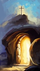 Easter Jesus Christ rose from the dead. Sunday morning. Dawn. The empty tomb in the background of the crucifixion. Happy easter. Christian symbol of faith, art illustration painted oil style.