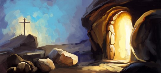 Easter Jesus Christ rose from the dead. Sunday morning. Dawn. The empty tomb in the background of the crucifixion. Happy easter. Christian symbol of faith, art illustration painted oil style.