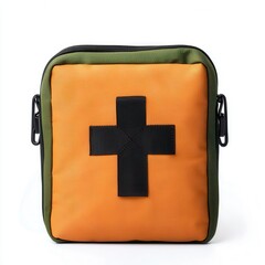 Bright Orange First Aid Kit with Black Cross Symbol and Green Trim
