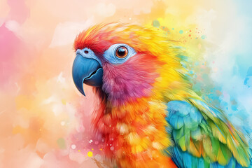 Fototapeta premium A tropical bird with brilliant feathers gazes at the viewer, showcasing its exotic beauty against a colorful, abstract background filled with soft hues