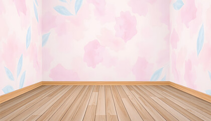 Pastel wallpaper in an empty room with wooden floor, watercolor. with white shades