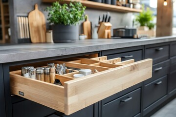 Organized kitchen drawer with spices and utensils displayed