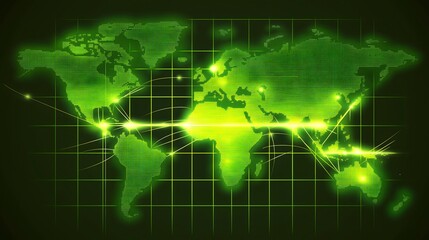 Fototapeta premium Digital World Map Network Visualization with Global Connection Lines Technology Communication System Green Illuminated Geographic Information Data Analysis