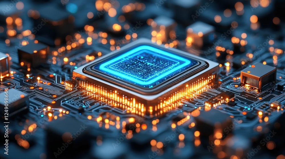 Poster illuminated microprocessor on circuit board with blue highlights