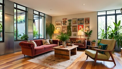 living room interior,green plants, maroon sofa set living room
