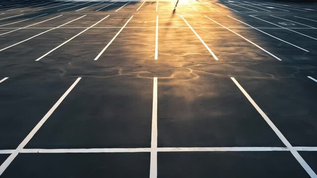 Empty parking lot with white lines at sunset