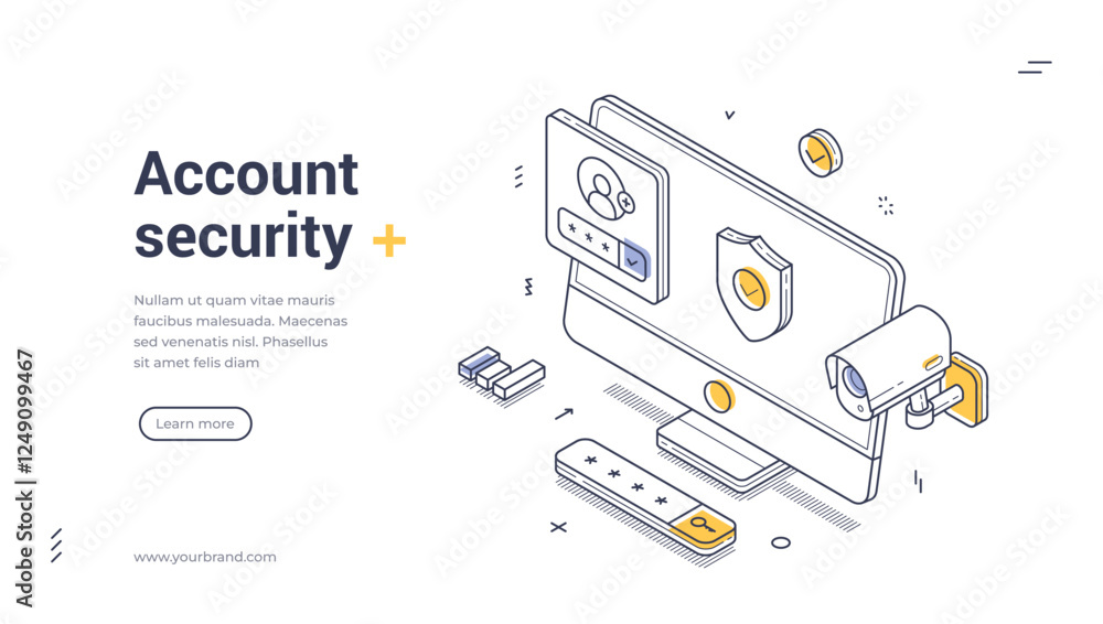 Poster account security web banner showcasing user login elements, a camera for monitoring, and security ic
