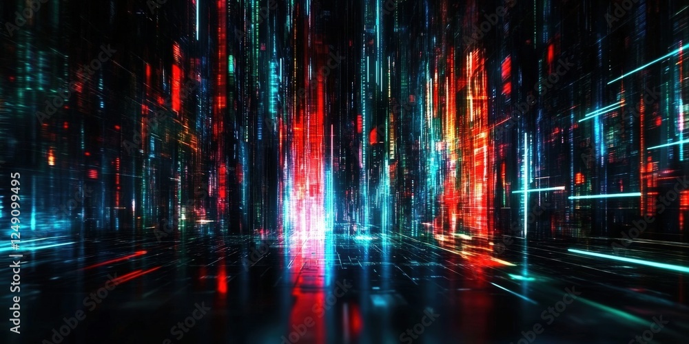 Poster dynamic digital streams of colorful light creating a pixelated space with vibrant streaks and abstra