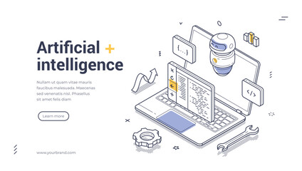 Artificial intelligence powered code generation. Surrounding elements enhance the digital theme, innovation in programming. Line art isometric web banner, landing page template