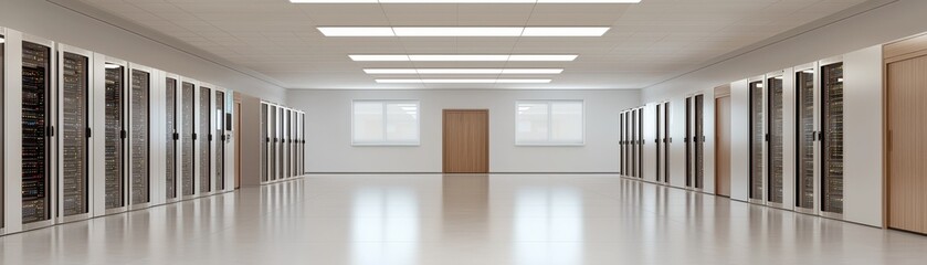 A spacious, modern server room featuring rows of racks with equipment, bright lighting, and minimalist design elements.