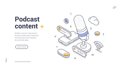 Podcast content modern line art web banner, landing page template. Microphone surrounded by audio-related icons. Online communication and creativity activities like streaming, podcasting