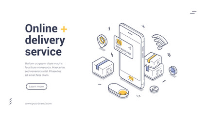 Online delivery service modern isometric line art web banner. Mobile apps facilitate quick transactions with credit cards and packages