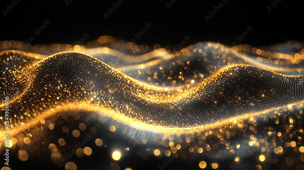 Poster a shimmering, golden wave of particles creates a mesmerizing visual effect against a dark backdrop, 
