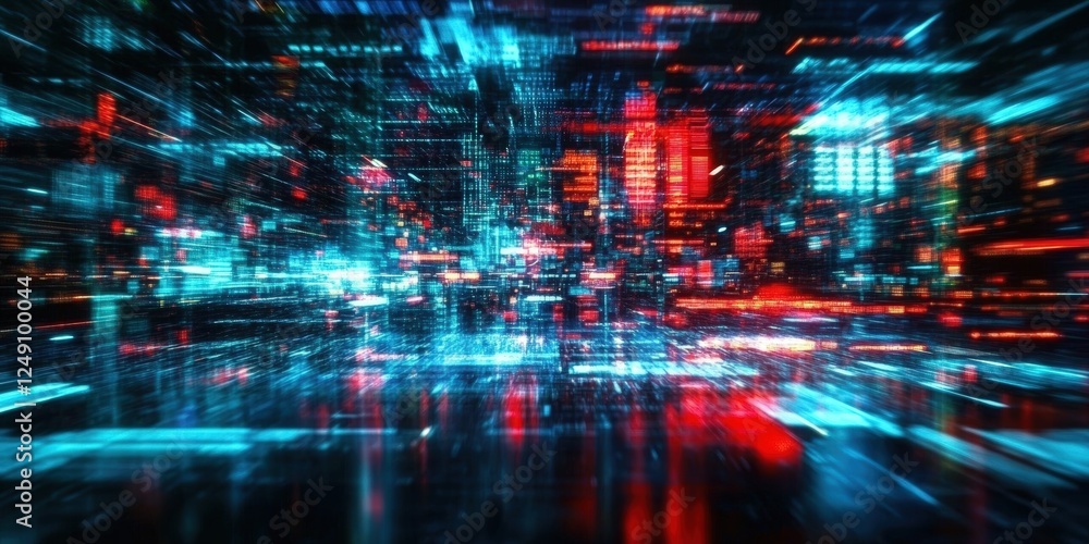 Poster abstract digital scenery with vibrant pixelated light streaks flowing across streams of data in a fu
