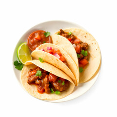 Mexican tacos with beef in tomato sauce and salsa in a plate on the blank background