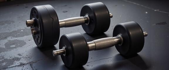 Obraz premium Black dumbbells resting on gym floor, fitness motivation, World Health Day