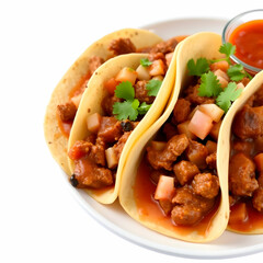 Mexican tacos with beef in tomato sauce and salsa in a plate on the blank background