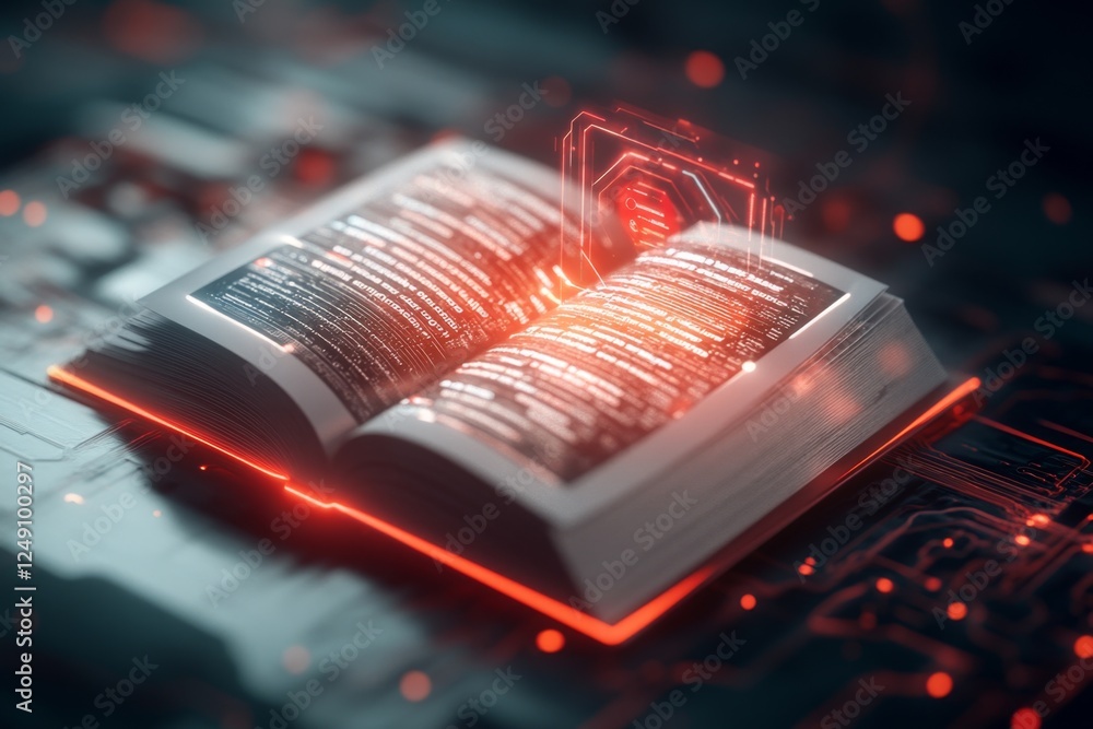 Poster a cyberpunk-inspired dictionary displayed on a neon holographic interface, scanning words instantly