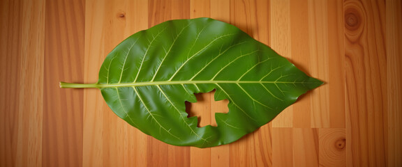 Leaf with medical cross shape on wooden surface, World Health Day