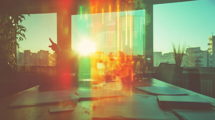 business meeting with view of city skyline at sunset, featuring digital data overlays and documents on table, creating modern and innovative atmosphere