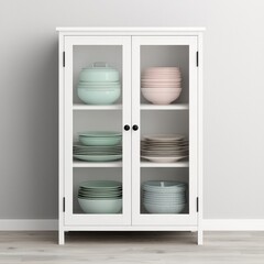 Elegant Display Cabinet with Pastel Bowls and Plates Inside