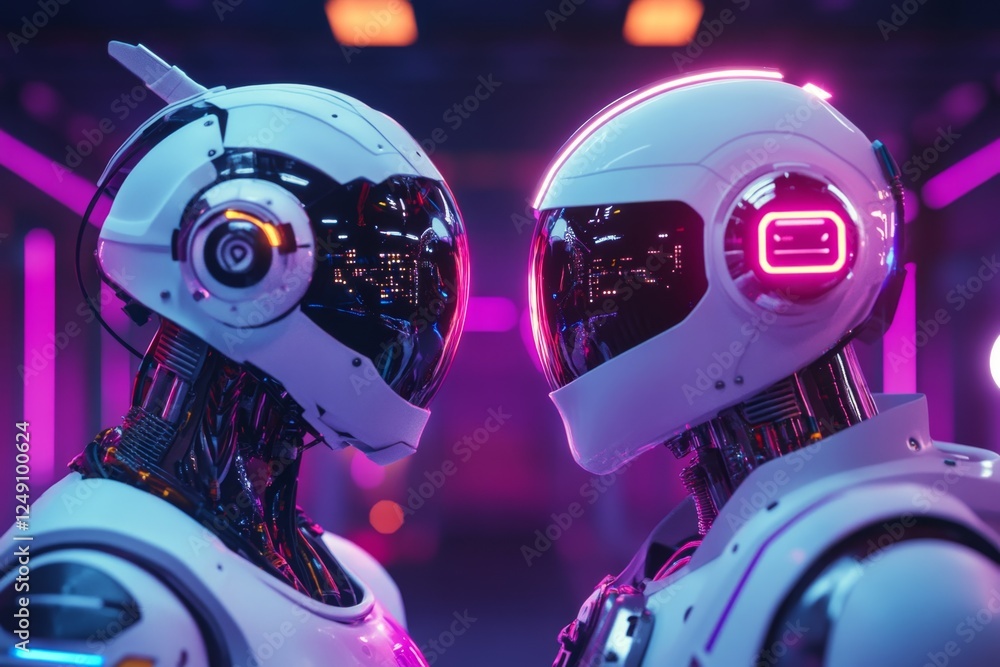 Aufkleber A cyberpunk-inspired digital briefing document being handed out by a neon-lit robotic assistant in a futuristic setting