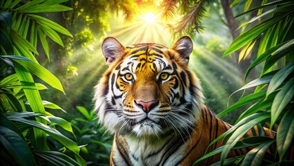 Majestic Tiger Face in Lush Jungle Landscape - Stunning Wildlife Photography