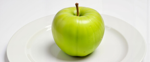 Green apple glistening on white plate, freshness and vitality, World Health Day
