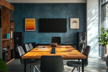 A modern conference call setting with rhythmic sound bars connecting participants.