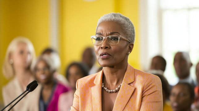 Black mature woman speaking at public event with audience in background