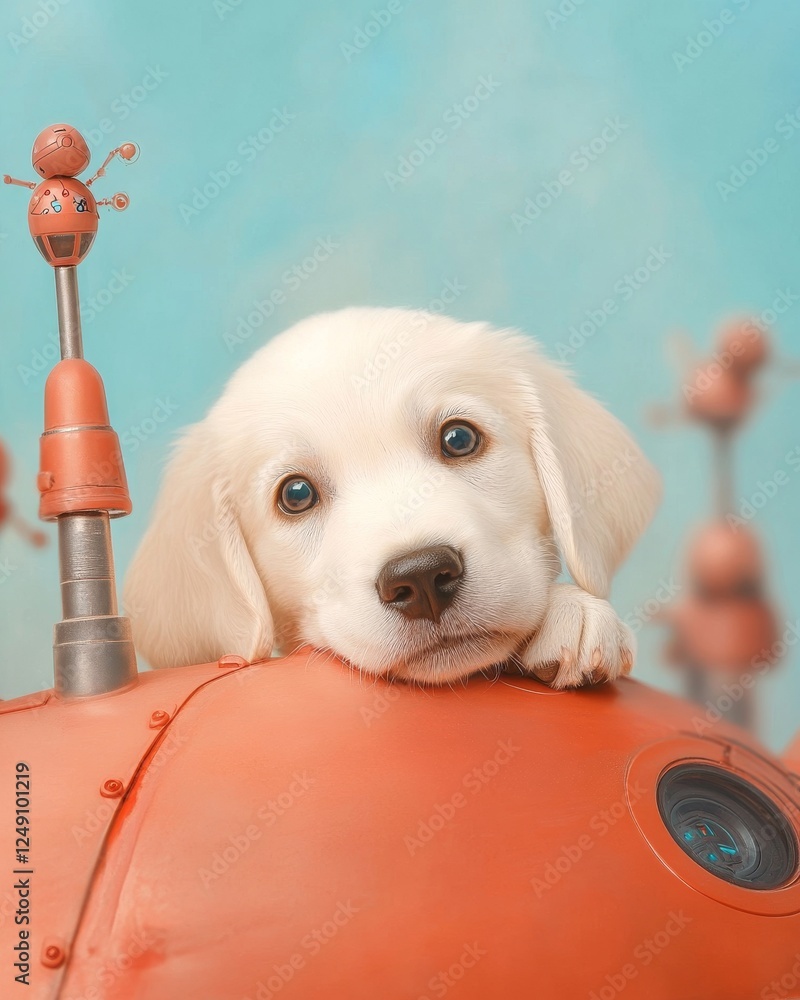 Poster a cute puppy rests its head on a colorful, futuristic object, creating a whimsical and playful atmos