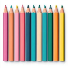 Colorful Pencils in a Row on a White Background for Creative Use